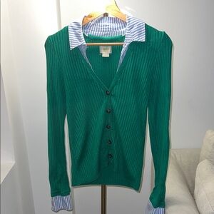 Anthropologie Green Ribbed Cardigan with Striped Collar